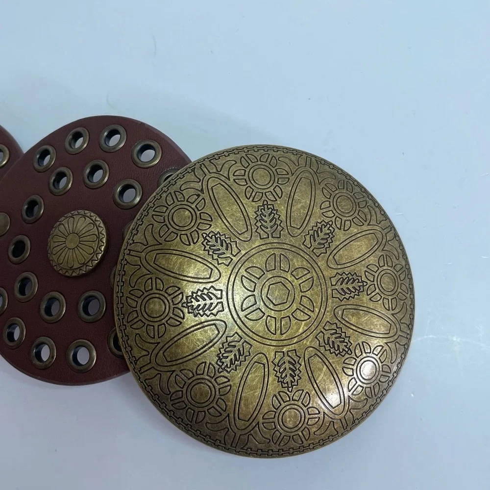 Vintage Circle Medallion Grommet Belt Women Brown Boho Studded Western Y2K
